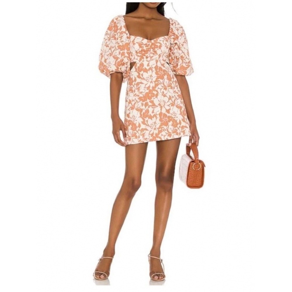 Lovers + Friends Kacey Mini Dress‎ Linen M Brown Floral Cutout Puff Sleeve Boho